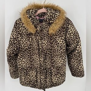 The Childrens Place Leopard Print Puffer Faux Fur Detachable Hood Winter Coat